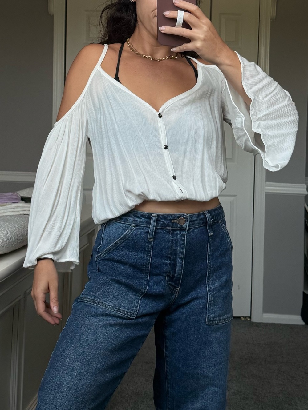 La Hearts White Cold-Shoulder Blouse